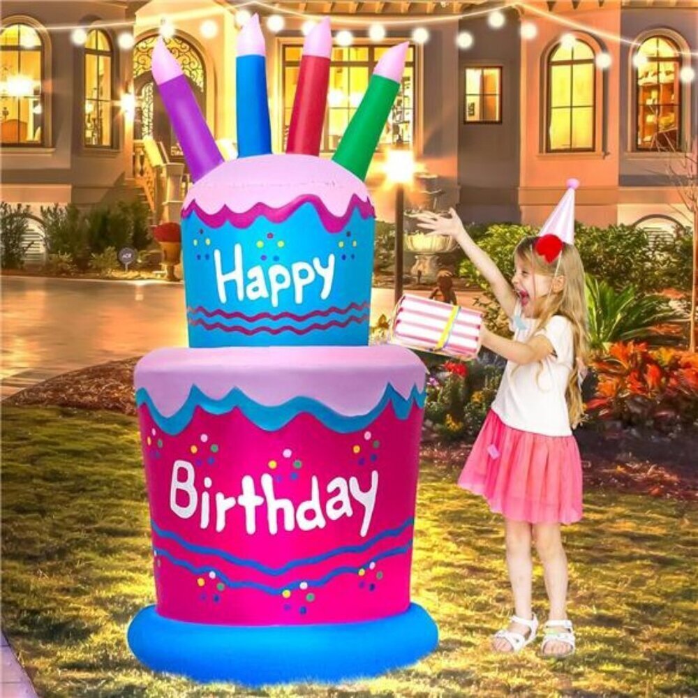 Happy Birthday Inflatable Cake Yard Decor - Bright Pink & Blue